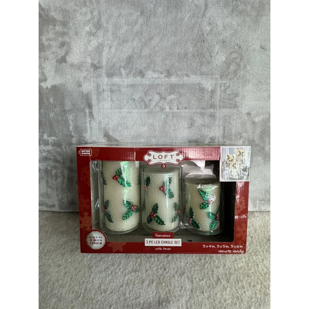 Loft Living 3pc‎ Flameless LED Candle Set Holly Berry Glitter Wax Timer Holiday